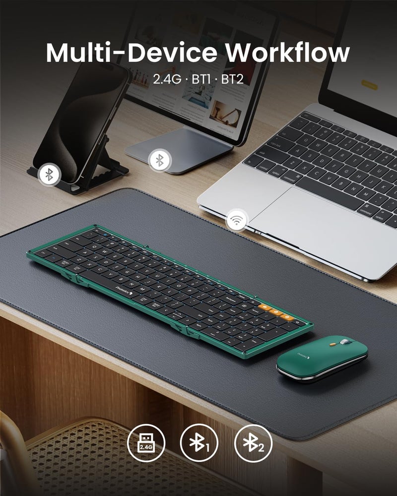 ProtoArc Foldable Keyboard and Mouse, XKM01 True Full-Size Folding Wireless Keyboard Mouse Combo for Business Travel, a Portable Office Suite On-The-Go, Compatible with Laptop iPad Tablet - Green - Image 4